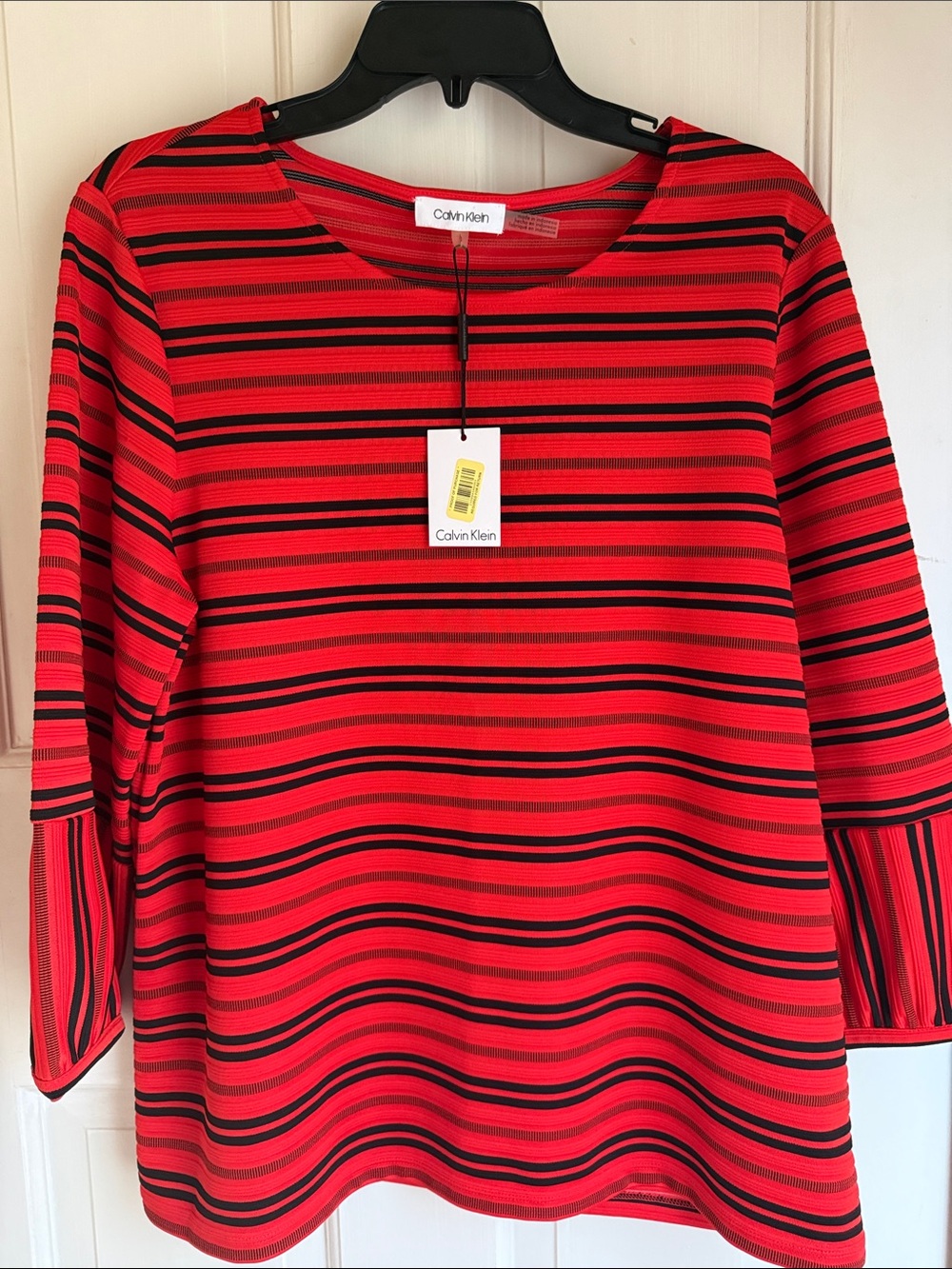 Calvin Klein Red and Black Striped Long Sleeve Knit Top